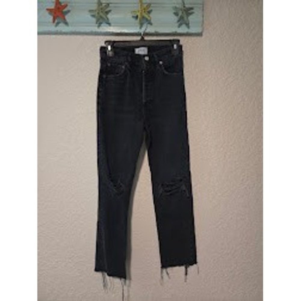 AGOLDE Riley High Rise Straight Crop Jeans Black Distressed Button Fly Size 24